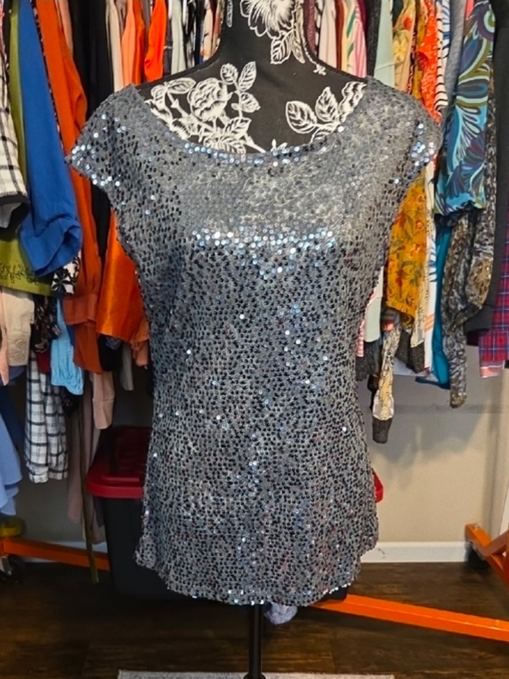 The Limited Silver Sequin Short-Sleeve Top